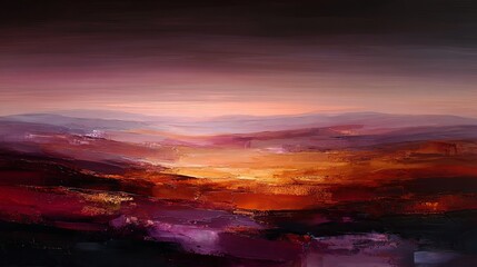 Serene desert sunset oil painting with bold brushstrokes and warm color tones expressing tranquility, vast landscape, and golden hour atmosphere in abstract artistic style

