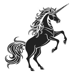 Black unicorn figure rearing up on its hind legs with a white background