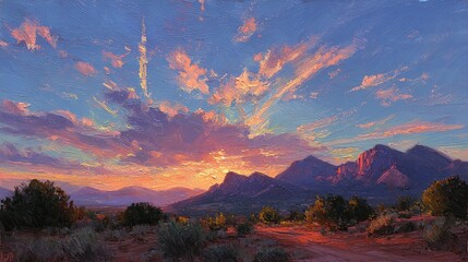 Serene desert sunset oil painting with bold brushstrokes and warm color tones expressing tranquility, vast landscape, and golden hour atmosphere in abstract artistic style

