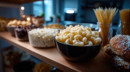 wooden shelf displays a variety of pasta and snacks, with macaroni taking center stage in a black bowl. soft evening light creates a warm atmosphere in the cozy kitchen setting