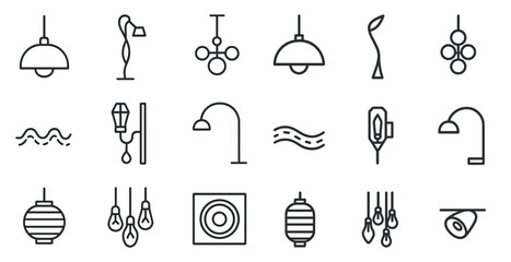 Modern lighting outline icons set – minimalist, lamp, interior design symbols