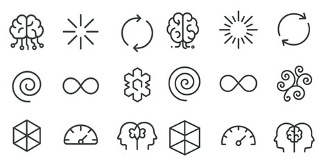 Brain and creativity outline icons set – linear, mind, innovation symbols