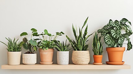 Indoor plants on wooden shelf against white wall featuring snake plants and calathea