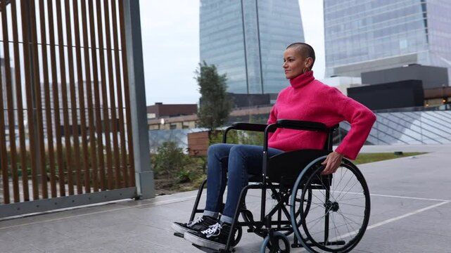 Confident disabled woman navigating urban landscape in wheelchair, embodying freedom, mobility, and personal empowerment through independent movement and joyful expression