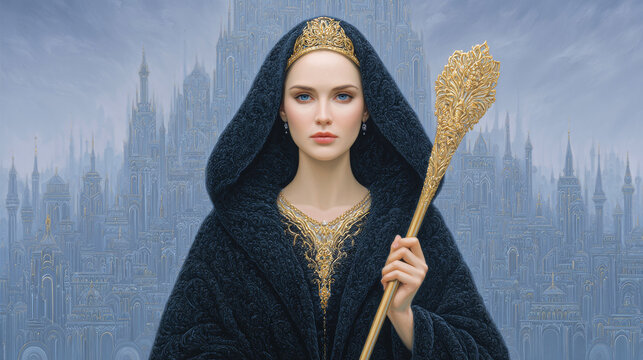 The queen stands in front of the city holding a scepter