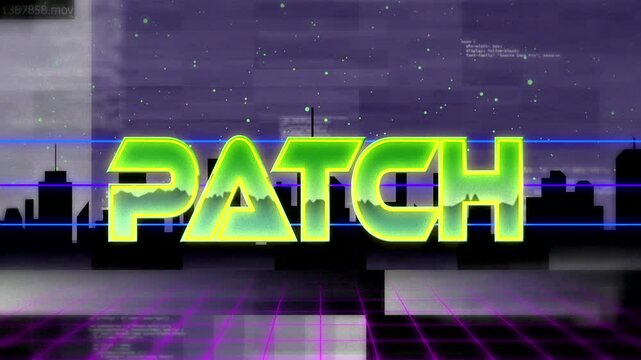 Glitching neon PATCH text revealing logo over cyberpunk skyline, with electric blue scanline