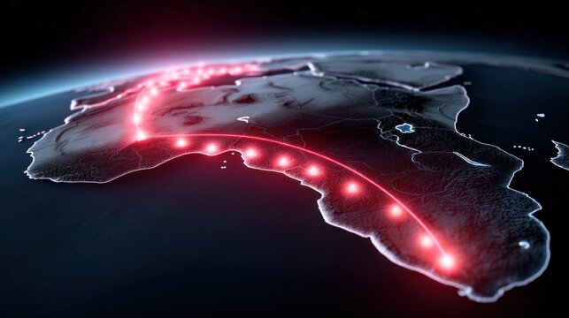 digital map of Africa during nighttime highlighting an illuminated route that connects various locations. design showcases geographic features illuminated by red lights