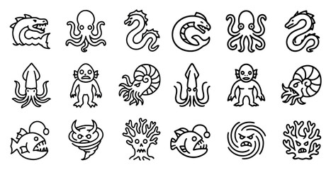 Mythical creatures icons set – outline, linear, fantasy and legend symbols
