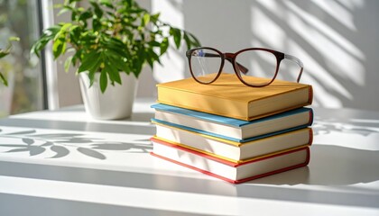 Stack of colorful books with glasses on top, sunlight casting leafy shadow on desk, back-to-school aesthetic
