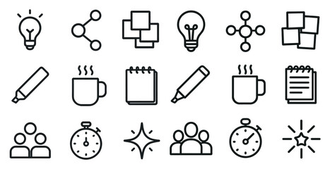 Communication and brainstorming outline icons set – linear, creative process graphics