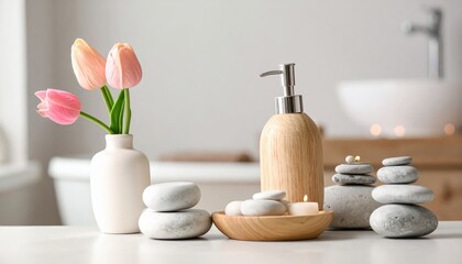 Spa concept with ceramic and wood containers, tulips, and stacked stones on neutral bathroom background with soft lighting