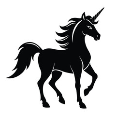Majestic black unicorn prances gracefully with flowing mane and sharp, spiraled horn showing elegance
