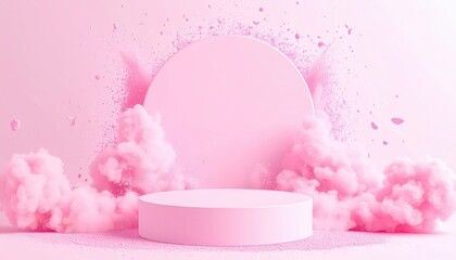 Pink powder explosion forming frame around pastel podium, cosmetic product display scene with soft lighting