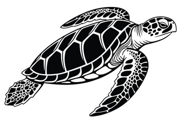 A sea turtle gracefully swims through ocean waters in black and white outline