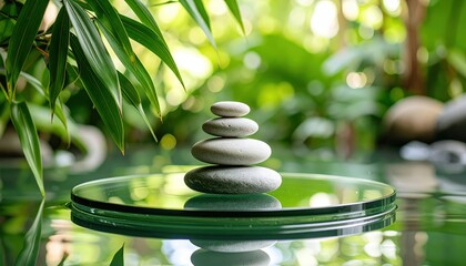 Pebbles stacked in perfect balance on glass platform over water with clean natural background