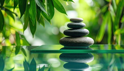 Pebbles stacked in perfect balance on glass platform over water with clean natural background