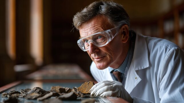 curator, wearing protective goggles and gloves, closely inspects ancient artifacts displayed in a museum. warm afternoon light highlights the detailed textures of the objects