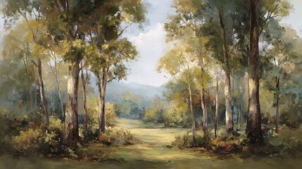 Serene forest clearing atmospheric oil painting with soft expressive brushstrokes creating a tranquil natural landscape ideal for relaxation, calmness, and art therapy ambiance.

