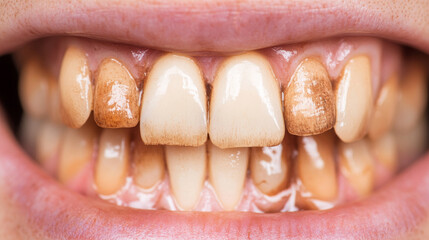 Close-up view of stained human teeth covered with brown plaque caused by long-term smoking, highlighting dental hygiene issues, nicotine damage, and oral health problems