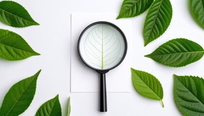Magnifying glass over leaf veins on white paper, natural science and environmental education flatlay scene