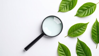 Magnifying glass over leaf veins on white paper, flatlay for natural science and environmental education