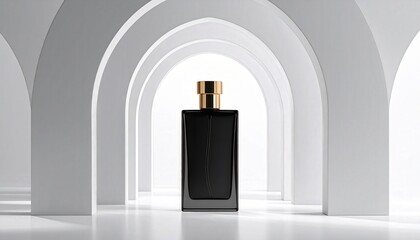 Luxury black perfume bottle inside hollow white arch with spotlight, high contrast minimal minimalist scene