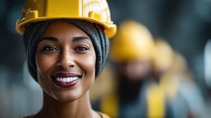 Confident woman stands in front of her teammates at a construction site, wearing a hard hat and smiling. atmosphere reflects teamwork and dedication to building projects