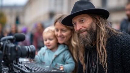 man with long hair and a hat shows a woman and a young child how to use filmmaking equipment in an outdoor setting. They appear engaged and curious during this educational moment