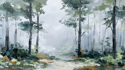 Serene forest clearing atmospheric oil painting with soft expressive brushstrokes creating a tranquil natural landscape ideal for relaxation, calmness, and art therapy ambiance.

