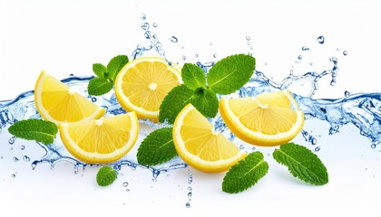 Floating lemon slices and mint leaves in motion splash above crystal clear water, refreshing citrus scene
