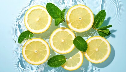 Floating lemon slices and mint leaves captured in motion splash above crystal clear water, fresh citrus splash scene