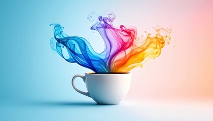 Vibrant colorful smoke rising from white cup on pastel background, abstract imagination and creativity concept