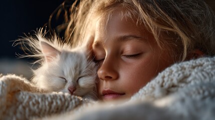 young girl enjoys a serene moment as she sleeps beside a fluffy white kitten. They are wrapped in a soft blanket, creating a warm atmosphere during a quiet evening at home