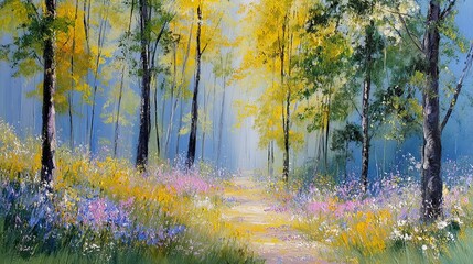Serene forest clearing atmospheric oil painting with soft expressive brushstrokes creating a tranquil natural landscape ideal for relaxation, calmness, and art therapy ambiance.

