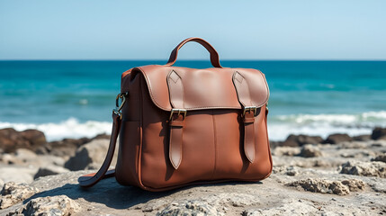 Leather satchel bag on rocky shore with ocean view and clear blue sky Copy Space