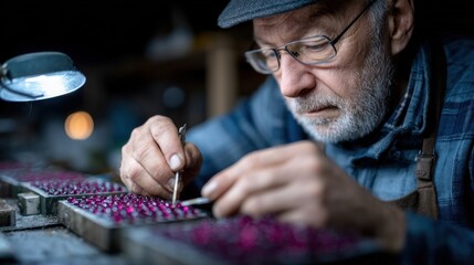 Senior craftsman focuses intently on creating intricate jewelry in a well-lit workshop. Vibrant gemstones are meticulously arranged as the morning light enhances the creative atmosphere
