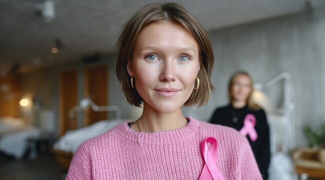 Group of women attending a health event focused on breast cancer awareness, wearing pink ribbons to show support. atmosphere is supportive and empowering, highlighting the cause
