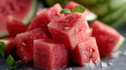 Freshly cut watermelon cubes are arranged attractively on a dark stone surface, garnished with vibrant mint leaves, creating a refreshing summer snack