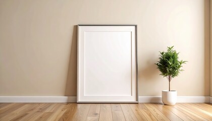 Empty photo frame leaning against soft beige wall with wooden floor, minimal clean interior mockup scene