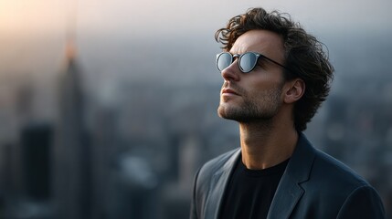 man stands atop a high building, wearing stylish sunglasses and a tailored jacket, looking up towards the sky as the sun sets behind the city skyline, creating a reflective atmosphere