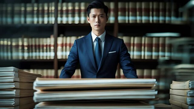 Confident lawyer standing behind legal documents in law library with shelves of reference books wearing formal blue suit and serious expression

