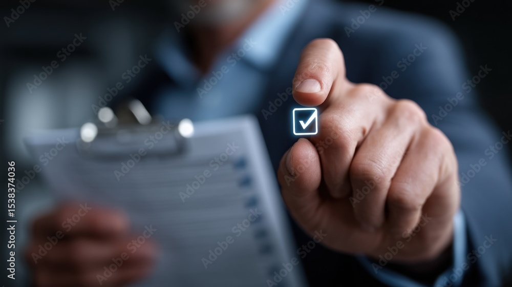 Poster businessman in a suit is standing in a modern office while checking off tasks on a clipboard. he foc