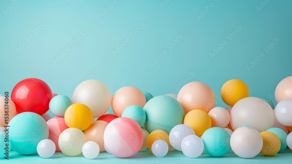 Fototapete 3d rendering of a blue background with a bunch of pastel-colored balls. the balls are of different s