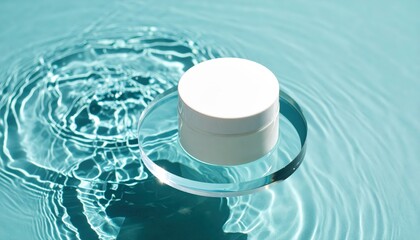 Minimal cosmetic jar on clear glass slab above water ripples, serene spa-inspired beauty concept