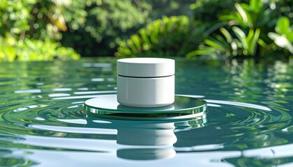 Cosmetic jar mockup on floating glass platform above water ripple texture, zen spa branding scene