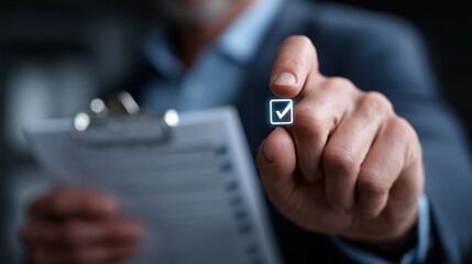 businessman in a suit is standing in a modern office while checking off tasks on a clipboard. He focuses on confirming completed items by tapping a digital checkbox with his finger