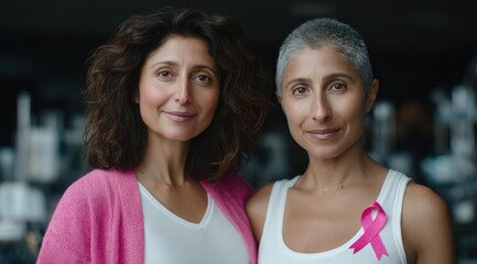 Two women stand together, showcasing their bond and strength. One has curly hair while the other has a shaved head