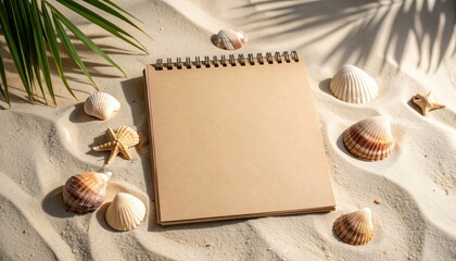 Blank kraft paper notebook on sand with seashells and palm leaf shadow, coastal stationery mockup