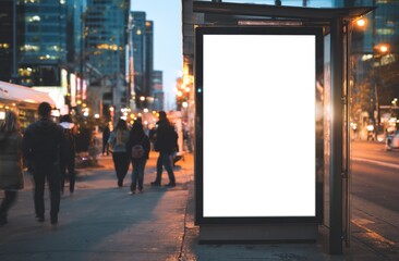 Blank Billboard at Bus Stop in Evening City