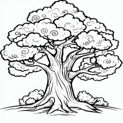 Intricate Black and White Tree Illustration with Detailed Branches and Swirling Foliage"